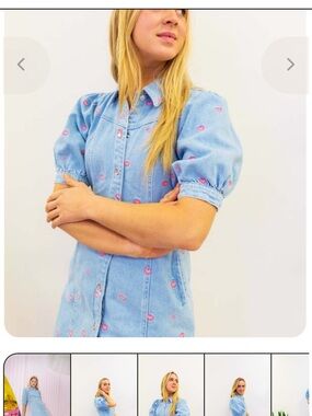 Anthropologie Cras Patti Denim Dress Blue Denim Dress with Pink Heart Embroidery